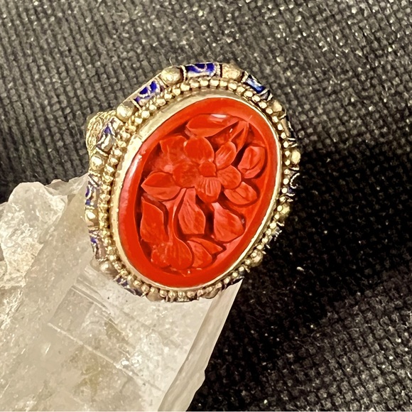 Jewelry | Antique Chinese Carvedflowers Cinnabar Silver Filigree Enamel ...